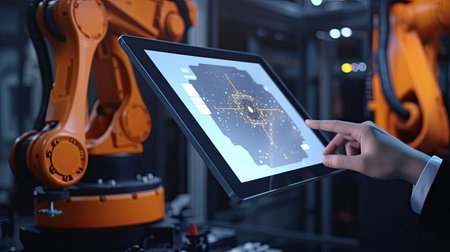 Industry 4.0 concept .Man hand holding tablet with Augmented reality screen software and blue tone of automate wireless Robot arm in smart factory background. Ai generativeの素材