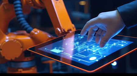 Industry 4.0 concept .Man hand holding tablet with Augmented reality screen software and blue tone of automate wireless Robot arm in smart factory background. Ai generativeの素材