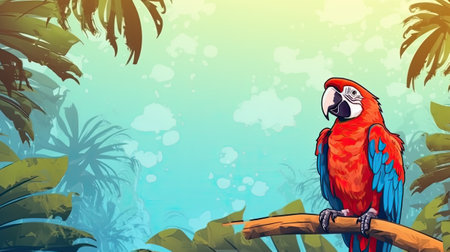 Blue yellow macaw parrot. Colorful cockatoo parrot sitting on wooden stick. Tropical bird park. Nature and environment concept. Copy spaceの素材