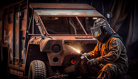 welder is welding metal part in car factory, Repair of broken military equipment, ai generativeの素材
