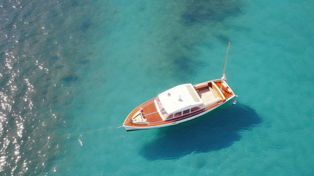 Luxury yacht in azure seas parked in a beautiful blue bay. Motorboat anchored near a beautiful mediterranean island. Ai generativeの素材