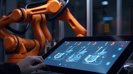 Industry 4.0 concept .Man hand holding tablet with Augmented reality screen software and blue tone of automate wireless Robot arm in smart factory background. Ai generativeの素材