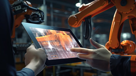 Industry 4.0 concept .Man hand holding tablet with Augmented reality screen software and blue tone of automate wireless Robot arm in smart factory background. Ai generativeの素材