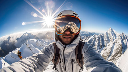 hiker at the top of a pass making selfie against snow capped mountains in Alps.の素材