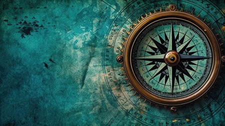 Old compass on vintage map. Retro stale. Making a decision, choosing a direction.の素材