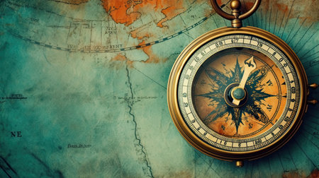Old compass on vintage map. Retro stale. Making a decision, choosing a direction.の素材