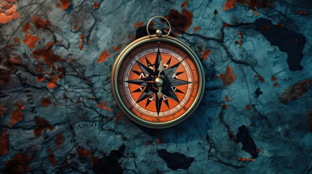 Old compass on vintage map. Retro stale. Making a decision, choosing a direction.の素材