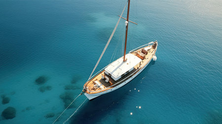 Luxury, vintage speed boat in mediterranian sea. Anchorage, sea vacation, travel. Generative ai.の素材