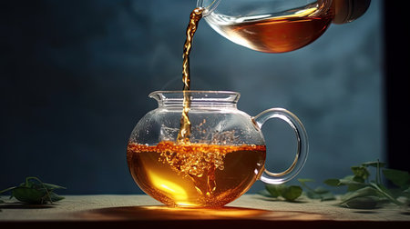 Jug pouring hot tea into glass cup with green tea leaves in the air, Healthy products by organic natural ingredients concept, Empty space in studio shotの素材