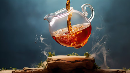 Pour the hot tea into the teacup. A teacup placed on an old wooden table In a black background, there was soft sunlight shining into a warm atmosphereの素材