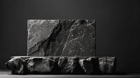 Dark grey and black slate on black background.の素材