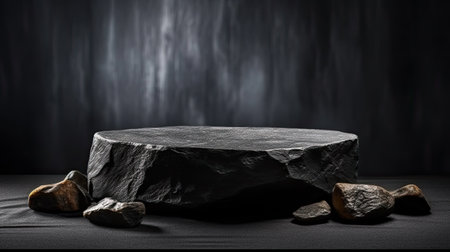 Dark grey and black slate on black background.の素材