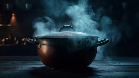 steam over cooking pot on black background.の素材