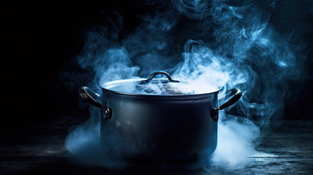 steam over cooking pot on black background.の素材