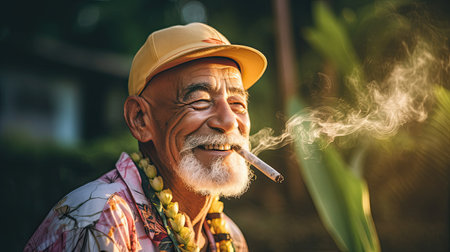 Old Happy smoking Hawaiian Manの素材