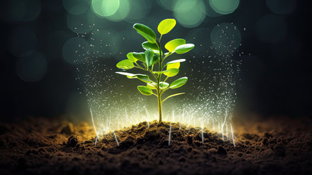 Growing young maize seedling in cultivated agricultural farm field with modern technology conceptsの素材