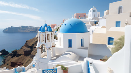Fira town on Santorini island, Greece. Incredibly romantic sunrise on Santorini. Oia village in the morning light. Amazing sunset view with white houses. Island of loversの素材