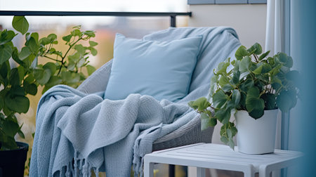 Outdoor Summer Terrace Or Balcony With Wicker Furniture In Vintage Style. Mediterranian Sea Viewの素材