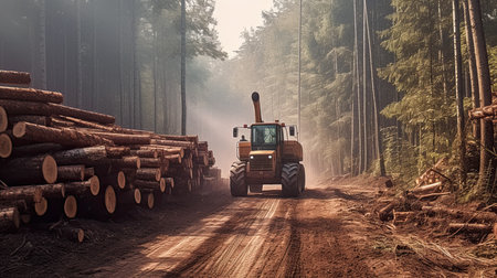timber carrier, Log stacks along forest road, ai generativeの素材