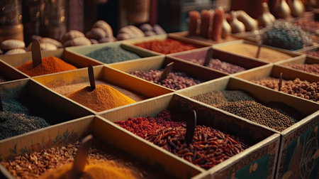 Containers with a set of oriental spices and spices at a traditional bazaar. Arabic market.の素材