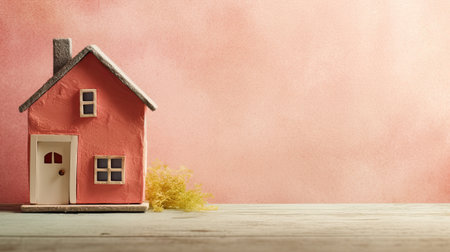 wooden house on a blue background. Real estate rental, purchase and sale concept. Realtor services, building repair and maintenance, copy space. Ai generativeの素材