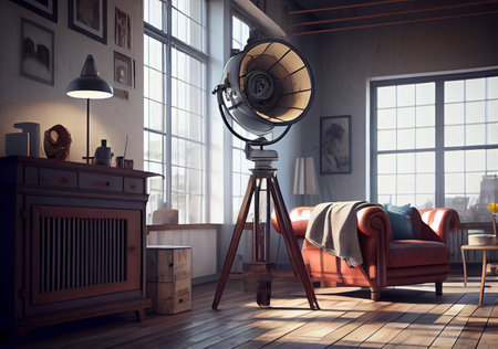 Vintage edison desk lamp in loft interior, ai generativeの素材