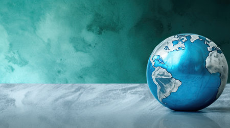 top view of planet picture on turquoise background, earth day concept, copy space.の素材