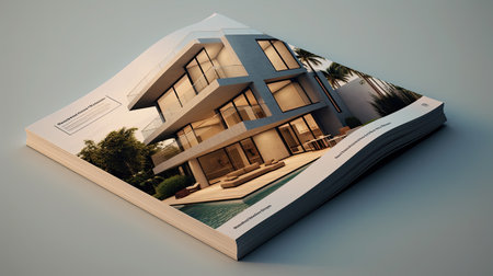 Real estate or construction business brochure design. Advertising for the sale of a country house in a cottage village.の素材