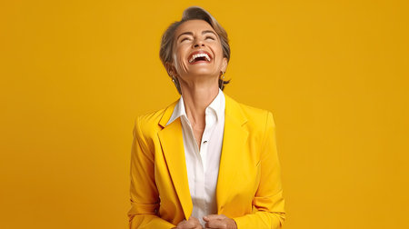 Photo of attractive charming lady friendly smile good mood wear blue office shirt isolated yellow color background, ai generativeの素材