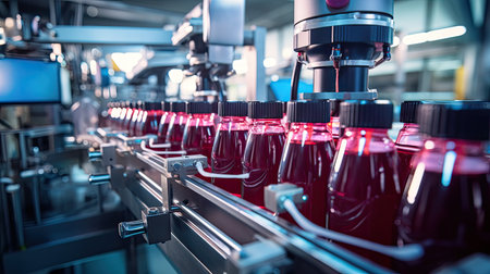 Provensional Industrial line for bottling and packaging of cosmetics. Bottles with perfumes, lotions, skin care productsの素材