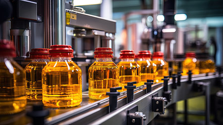 Provensional Industrial line for bottling and packaging of cosmetics. Bottles with perfumes, tonic, serum, oil, shampoo, shower gel, lotions, skin care productsの素材