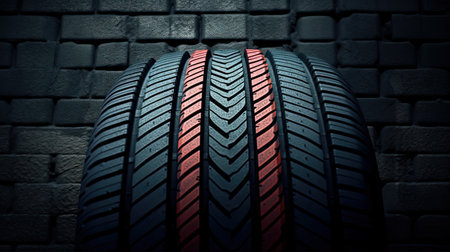 Studio shot of a set of summer, fuel efficient car tires on black background. Contrasty lighting and shallow depth of field, copy space.の素材
