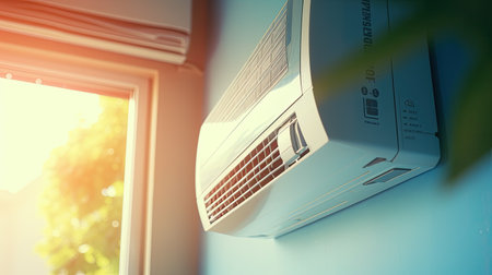 Split air conditioner on color outdoor wall. Closeup image. Ai generativeの素材