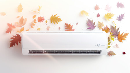 Conditioners, realistic air conditioning eqipment mockup. Working and blowing out cold, fresh flows through vents, cooling room air conditioner unit. AC installing, maintenance service.の素材
