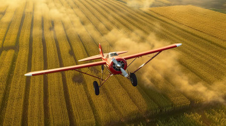 An agricultural aircraft plane watering a field during the daytime. Ai generativeの素材