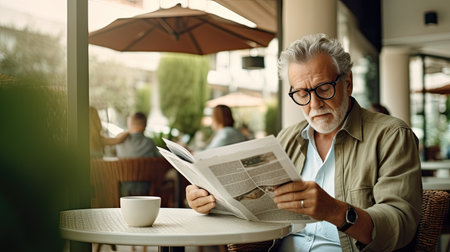 Portrait of modern senior man reading newspaper in outdoor cafeの素材