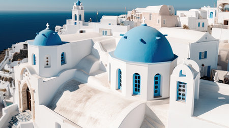 Fira town on Santorini island, Greece. Incredibly romantic sunrise on Santorini. Oia village in the morning light. Amazing sunset view with white houses. Island of loversの素材