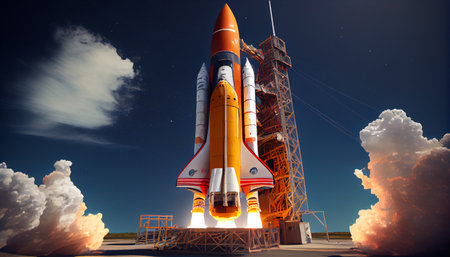 Space shuttle launch in the open space over the Earth. Sky and clouds under space ship. Ai generativeの素材