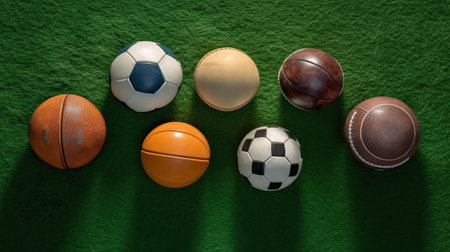 sport, fitness, game, sports equipment and objects concept - close up of different sports balls set from top.の素材