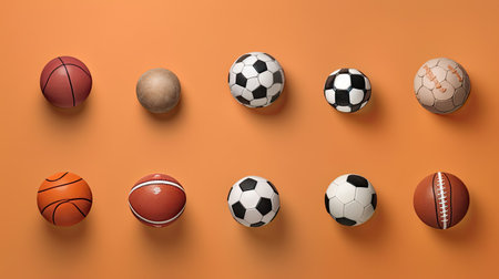 sport, fitness, game, sports equipment and objects concept - close up of different sports balls set from top.の素材