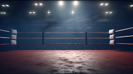 Boxing arena with blurred spectator and stadium light.の素材