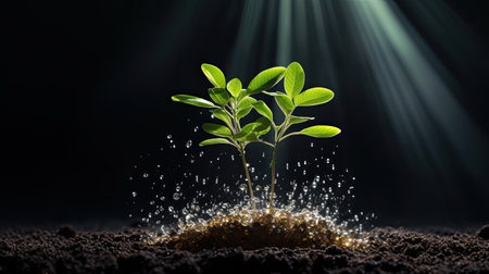 Growing young maize seedling in cultivated agricultural farm field with modern technology conceptsの素材