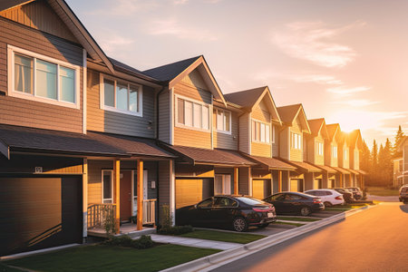 Row of residential townhomes or townhouses in suburb, Concept of real estate development, housing market and homeownershipの素材