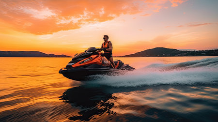 Man quickly rushes on jet ski on waves. Entertainment for the rest of the sea. Water transport, extreme sports.の素材