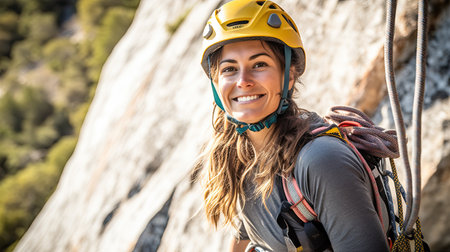 Adult female rock climber on vertical flat wall with poor relief - side view, close-upの素材