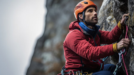 Adult male rock climber on vertical flat wall with poor relief - side view, close-upの素材