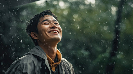 Image of positive young korean man smiling during rain in tropical forest. Cheerful male enjoying the rain outdoorsの素材