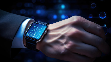 Businessman hand with smart watch, growth investment charts on backgroundの素材