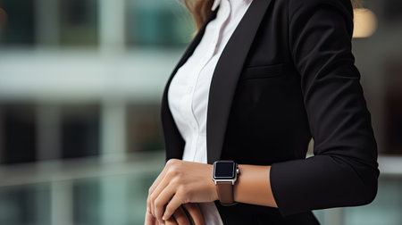 Modern smart watch on the hand of an attractive business woman.の素材
