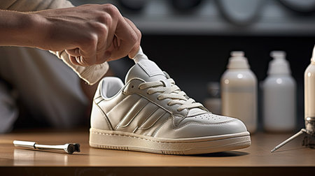 Modern sneaker design. Footwear Fashion and Designer concept. Hand made. Noname sneakers for custom drawing.の写真素材